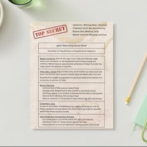 Puede incluir: Un documento de estilo vintage con las palabras "Top Secret" impresas en rojo sobre un fondo blanco. El documento es un briefing de misi&oacute;n para un "Operativo de Seguridad de Anillos" que es responsable de entregar los anillos de boda de forma segura y discreta al punto designado en la ceremonia. El documento incluye detalles sobre el objetivo de la misi&oacute;n, el c&oacute;digo de vestimenta, la hora de llegada, la sesi&oacute;n informativa, la duraci&oacute;n de la misi&oacute;n, el plan de contingencia y los criterios de &eacute;xito de la misi&oacute;n.