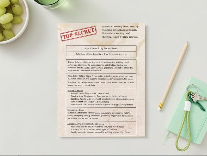 Puede incluir: Un documento de estilo vintage con las palabras "Top Secret" impresas en rojo sobre un fondo blanco. El documento es un briefing de misi&oacute;n para un "Operativo de Seguridad de Anillos" que es responsable de entregar los anillos de boda de forma segura y discreta al punto designado en la ceremonia. El documento incluye detalles sobre el objetivo de la misi&oacute;n, el c&oacute;digo de vestimenta, la hora de llegada, la sesi&oacute;n informativa, la duraci&oacute;n de la misi&oacute;n, el plan de contingencia y los criterios de &eacute;xito de la misi&oacute;n.