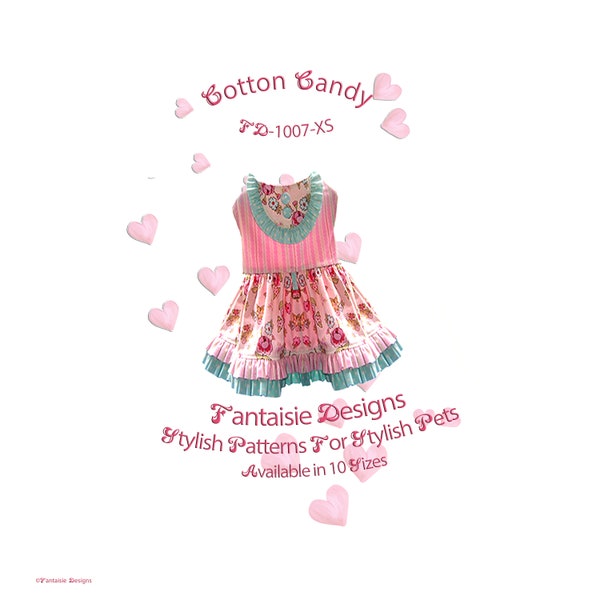 Cotton Candy, FD-1007.XSmall, PDF Dog Dress Pattern Pieces & Guide.  Ruffled Hem Flirty Dress with  Inset Bodice, "Instant Download"