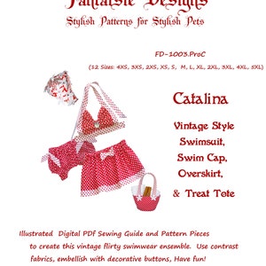 May include: A digital sewing pattern for a vintage-style swimsuit, swim cap, overskirt, and treat tote for a pet. The pattern is for 12 sizes, from 4XS to 5XL. The pattern is illustrated with a red and white polka dot fabric.
