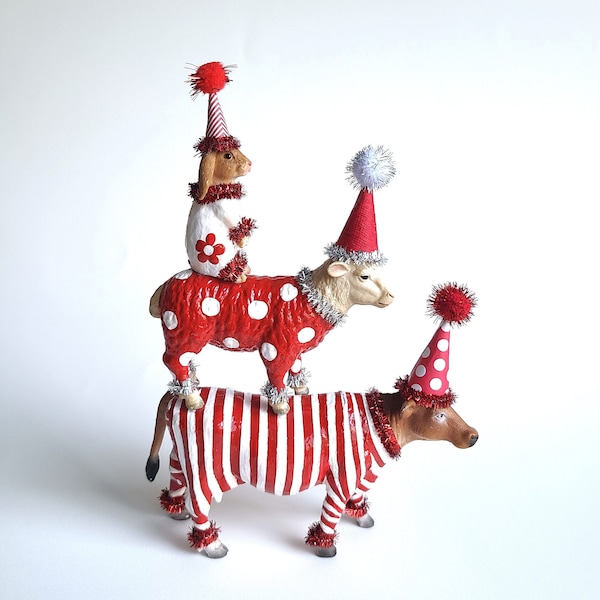 Quirky Animal Trio Tower in Red and White, Cow Sheep and Rabbit Home Decor Sculpture in Red and White, Three Animal Figurines Whimsical Art