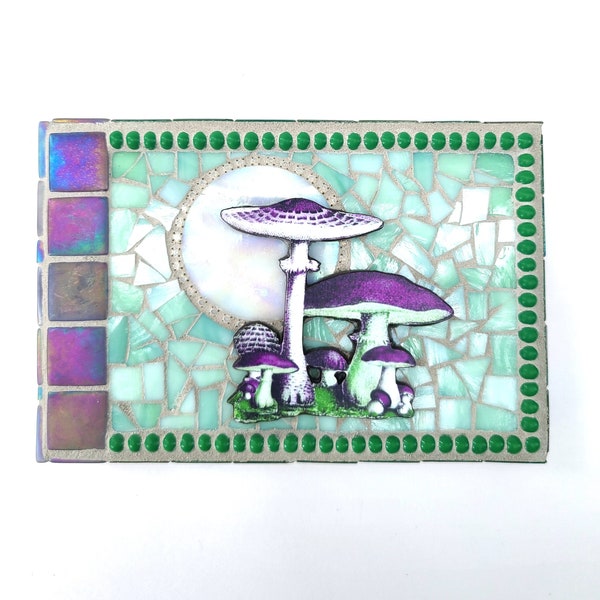 Purple and Green Psychedelic Mushroom Art; Mosaic Wall Art of Musrooms and Fungi, Gift for Mushroom Lovers