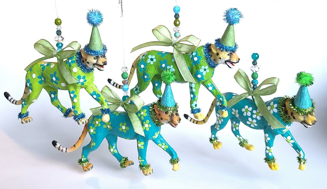 Set of Four Cheetah Home Decor Ornaments in Turquoise and Green