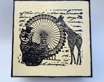 Joyero o caja de baratijas con temática steampunk, caja de arte steampunk con animales divertidos, caja de madera con gato y jirafa para una persona única o genial