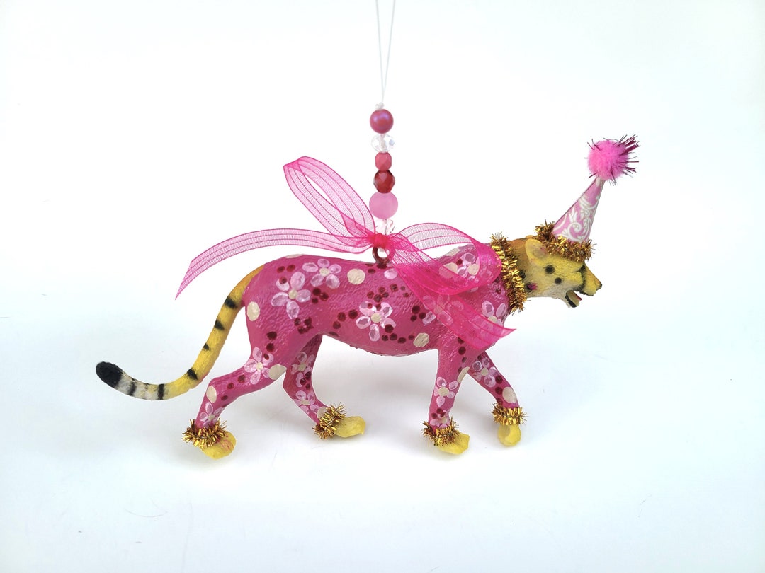 Cheetah Home Decor Ornament in Pink and Red, Wildlife Hanging Mixed