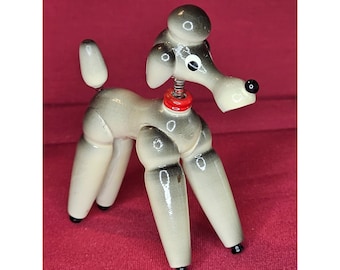 Vintage 2 1/2" Ceramic ? Toy Poodle with Wobbly Spring Neck. Made in Spain