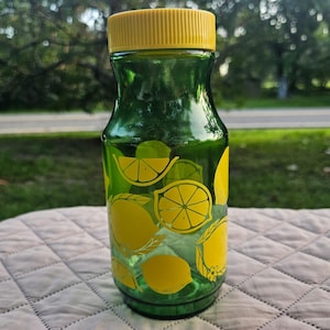 Vintage Anchor Hocking Green Yellow Lemons Lemonade Juice Jar Glass Container