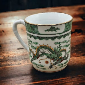 Vintage Asian Tea/Coffee Cup Hand-Painted Gold Trim White With Dragon Chinese