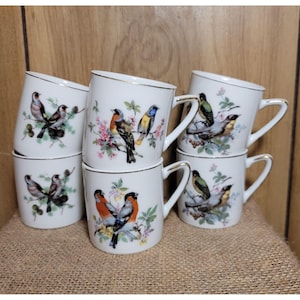 May include: Six white ceramic mugs with gold trim, each adorned with a detailed illustration of colorful birds perched on flowering branches. The mugs are stacked and arranged on a burlap surface.