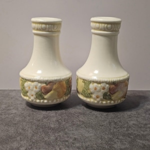 May include: A pair of cream-colored ceramic salt and pepper shakers with a bulbous base and a narrow neck. The lower section of each shaker features a raised, embossed band decorated with painted illustrations of white flowers, green leaves, and fruit.