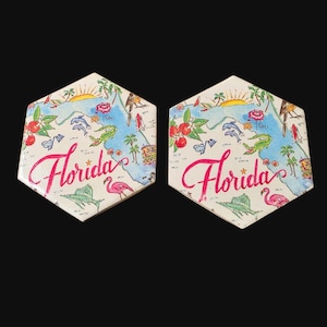 May include: Two hexagonal ceramic coasters featuring a colorful illustrated map of Florida. The design includes the word Florida in pink script, a sun, palm trees, a flamingo, an alligator, a dolphin, a fish, and orange blossoms on a white background.