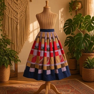 May include: A midi-length skirt featuring a patchwork design with vertical panels in shades of red, tan, lavender, and navy blue. The skirt has a fitted waistband and a full, pleated silhouette displayed on a woven mannequin torso.