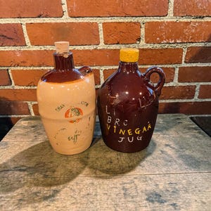 Vintage Miniature Stoneware Jug Set – 1940s Seaforth Shaving Lotion & Mid-Century "Little Brown Vinegar Jug" – Rustic Farmhouse Decor
