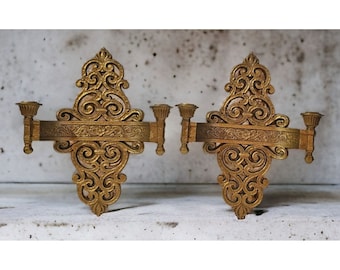 1969 Dart Industries Adornos de resina dorada Apliques de pared dobles Hollywood Regency