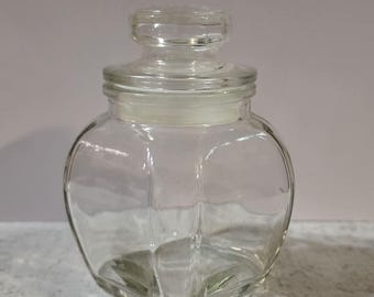 Vintage Clear Glass Square Apothecary Jar Starburst Lid 5 1/2” Tall 3 1/2” Wide