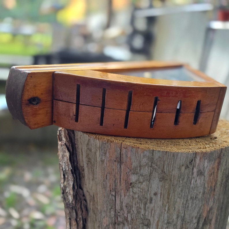 May include: A wooden box with a glass top, resting on a tree stump. The box is rectangular with a curved side and vertical slits. The wood has a warm, reddish-brown tone, and the glass top is clear.