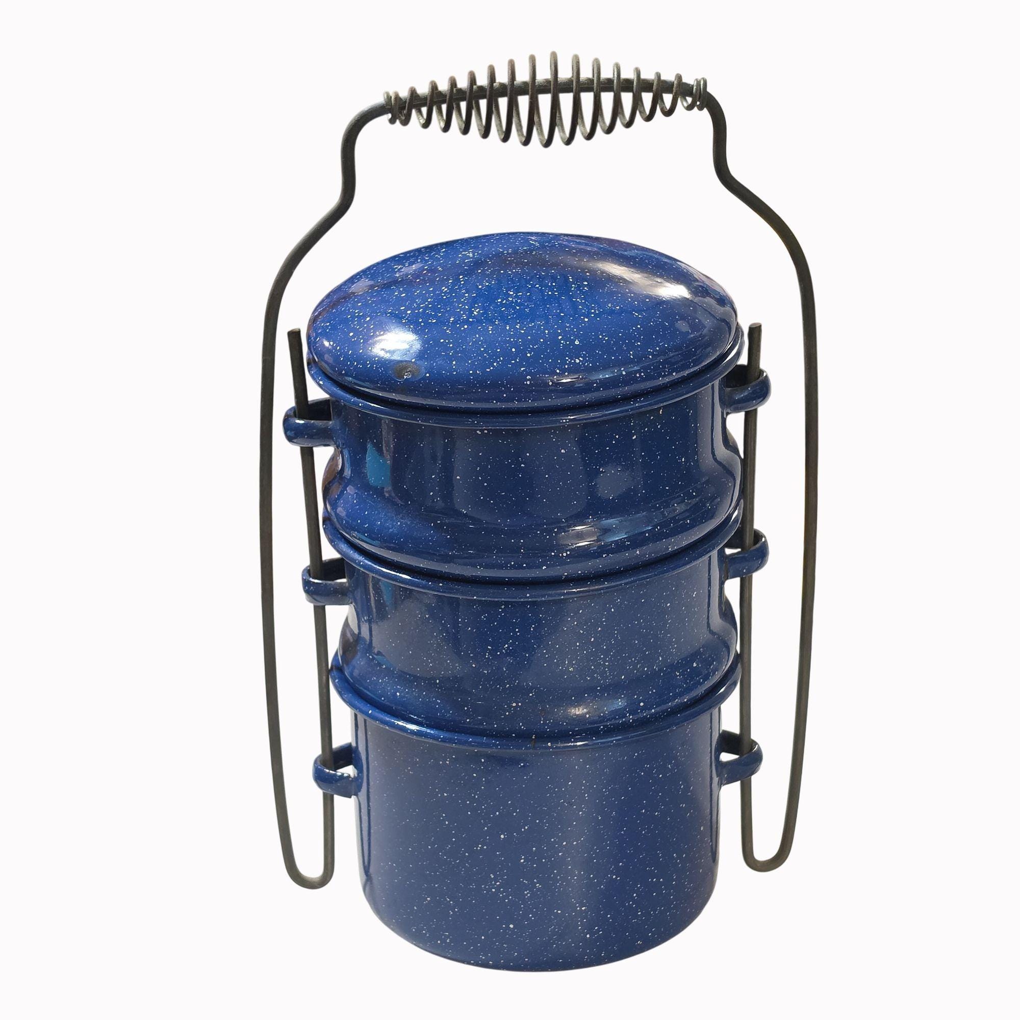 Vtg Blue Speckled Enamelware 3-Tier Stackable Lunch Box Tiffin Carrier Miner Pail