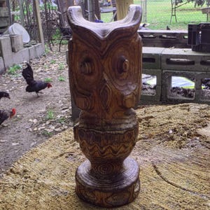 May include: A hand-carved wooden owl figurine featuring a natural brown wood grain finish. The sculpture displays detailed circular eyes, a pointed beak, and a textured body with wavy patterns, standing on a sturdy, rounded circular base.