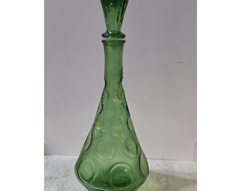 Vintage Empoli Green Glass Genie Bottle Decanter Italy MCM Dimpled Coin Dot