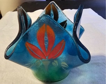 Fused Art Glass Candle Holder Blue Transparent Glass w Orange Floral Design