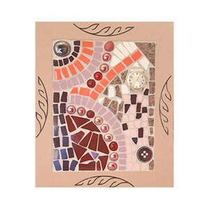 May include: A mosaic art piece with a variety of colors and textures, including red, pink, brown, and purple. The mosaic features a clock face, buttons, and other small objects.