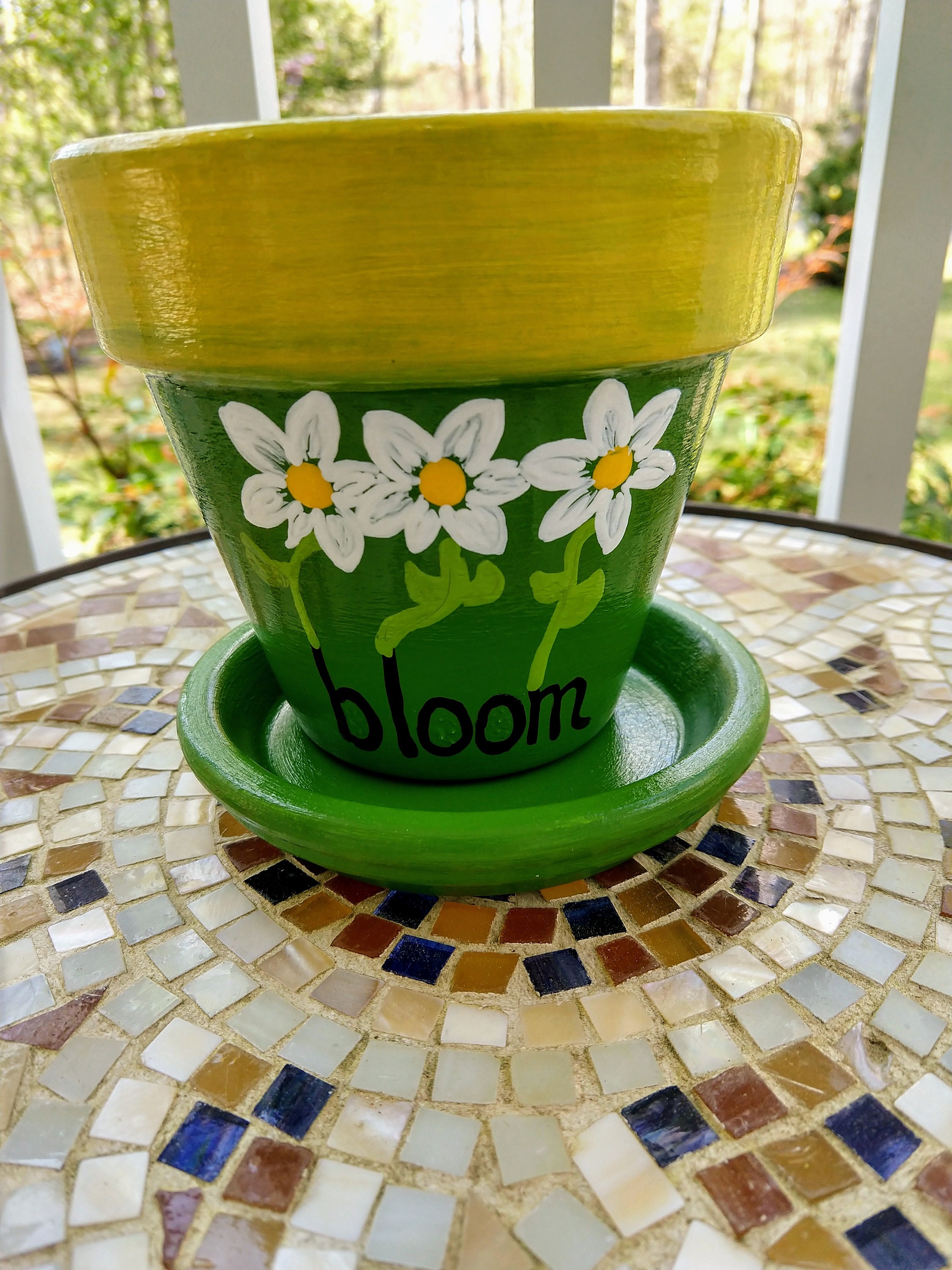 Indoor Outdoor Hand Painted Clay Pot and Saucer, Painted Planter, Daisy