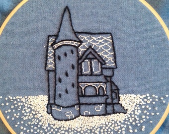 Snow Day Embroidery pattern - victorian  / queen anne house with turret