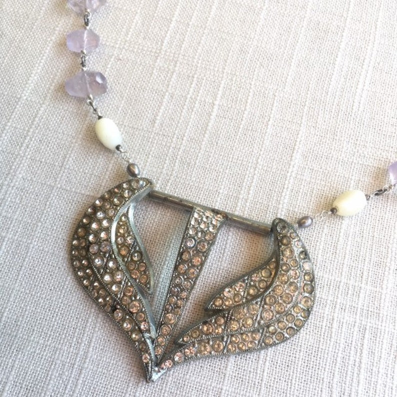 vintage rhinestone buckle, mother of pearl, freshwater pearl, amethyst, sterling silver Twilight Tomorrow
