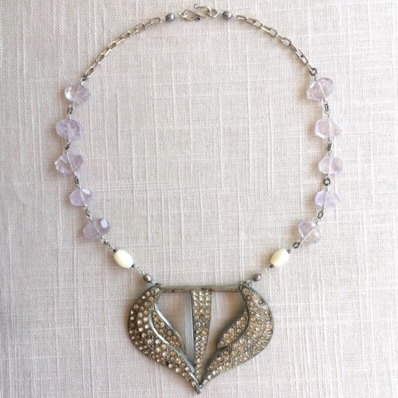 vintage rhinestone buckle, mother of pearl, freshwater pearl, amethyst, sterling silver Twilight Tomorrow