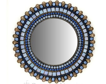 Blue Mosaic Mirror 13" Round Mirror Blue Mirror Handcrafted Mosaic Art
