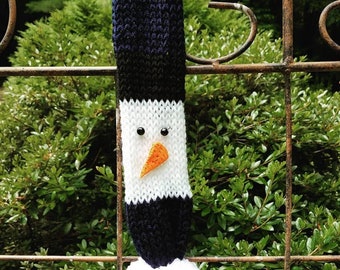 Snowman Knit Scarf, Handmade Polymer Clay Nose, Winter Scarf