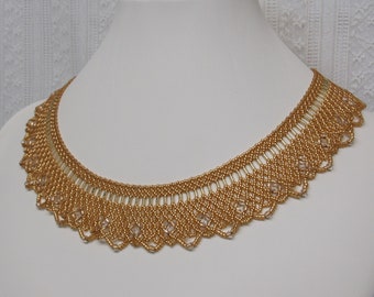 Gold and Crystal Netted Wide Collar 16 - 18 1/2 Inches with Gold Filled Chain