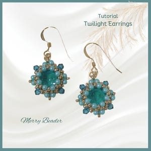 May include: A pair of turquoise and gold beaded earrings with a crystal center. The earrings are called "Twilight Earrings" and are a tutorial by Merry Beader.
