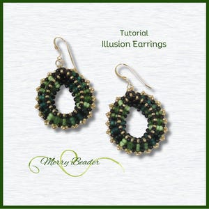 May include: A pair of green and black beaded earrings with gold accents. The earrings are in the shape of a circle and have a twisted design. The earrings are labeled "Tutorial Illusion Earrings".