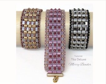 Tutorial - Pattern Tila Deluxe Bracelet Peyote Stitch with Tila, Rulla, Firepolish and Seed Beads Complete Instructions