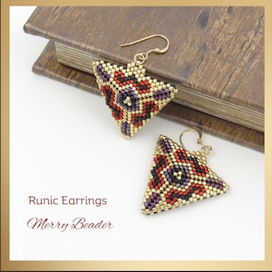 May include: A pair of gold triangle earrings with a geometric pattern of red, black, and purple beads. The earrings are on a brown surface with the text "Runic Earrings Merry Beader".