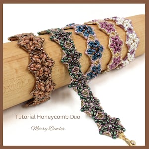 Patrón tutorial para pulsera Honeycomb Duo con cuentas Bugle, Superduo y cuentas de semillas