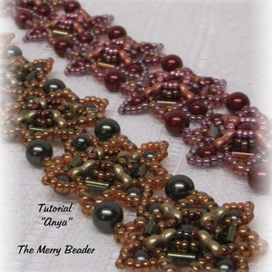 May include: Two beaded bracelets with a starburst design. The top bracelet is made with purple, pink, and brown beads. The bottom bracelet is made with brown, gold, and black beads. The text "Tutorial "Anya" The Merry Beader" is visible in the image.