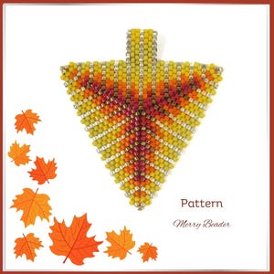 Puede incluir: Un colgante de cuentas con forma de triángulo con un patrón de cuentas amarillas, naranjas y rojas. El colgante está rodeado de pequeñas hojas de arce naranjas. El texto "Pattern Merry Beader" está en la parte inferior de la imagen.