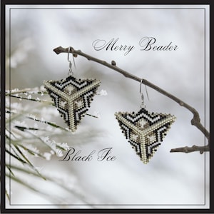 May include: A pair of geometric earrings with a triangular shape, featuring a black and white beaded pattern. The earrings are suspended from silver hooks and are displayed against a blurred, snowy background. The text "Merry Beader" and "Black Ice" are visible.