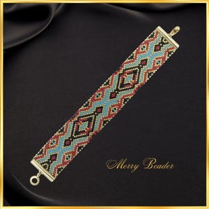 May include: A beaded bracelet with a geometric pattern in red, black, light blue, and gold. The bracelet has a rectangular shape with gold-colored metal clasps on each end. The text "Merry Beader" is in the lower right corner.