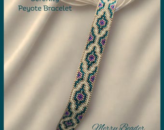 Peyote Stitch Odd count bracelet pattern, Miyuki Delica Bracelet PDF Pattern, Narrow Cream Teal and Gold Bracelet