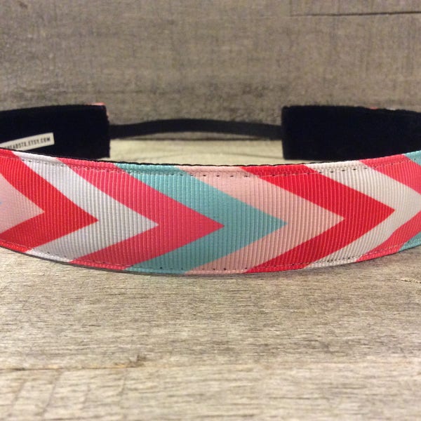 Coral Chevron Geometric Arrow Gold Foil Nonslip Headband, Noslip Headband, Sports Headband, Running Headband, Athletic Headband