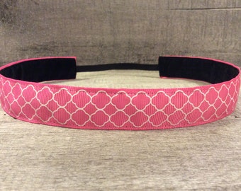 Hot Pink Moroccan Tile/Quatrefoil Nonslip Headband, Noslip Headband, Sports Headband, Running Headband, Athletic Headband