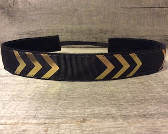 Solid Black Geometric Arrow Gold Foil Nonslip Headband, Noslip Headband, Sports Headband, Running Headband, Athletic Headband