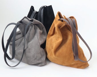 Grey Suede Leather Tote Bag for Minimalist. Simple but Stylish.  High Quality Suede Leather