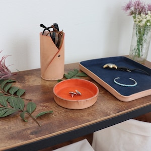 Round Leather Tray. Orange Suede Interior. Jewelry Dish, Organizing ...