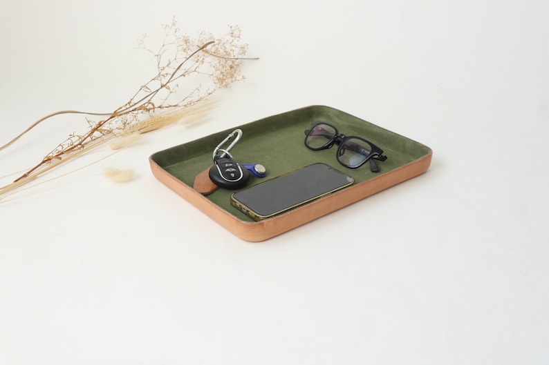 A4 Letter Size Molded Leather Valet Tray XL Large. Olive suede interior. Perfect for storing daily essentials in modern space. image 4