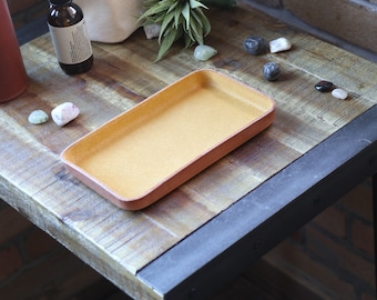 Leather Valet Tray Medium. Gold Yellow suede interior. Perfect for storing daily essentials such as keys, glasses, Watches, and wallets