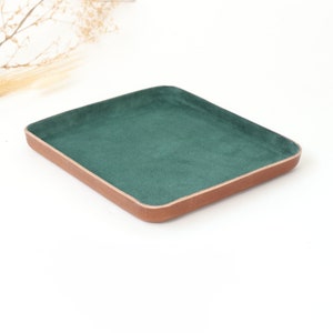 Molded Leather Valet Tray Large.  Forest Green suede interior. Organizing accessories to store lifestyle Essentials. Home Decor